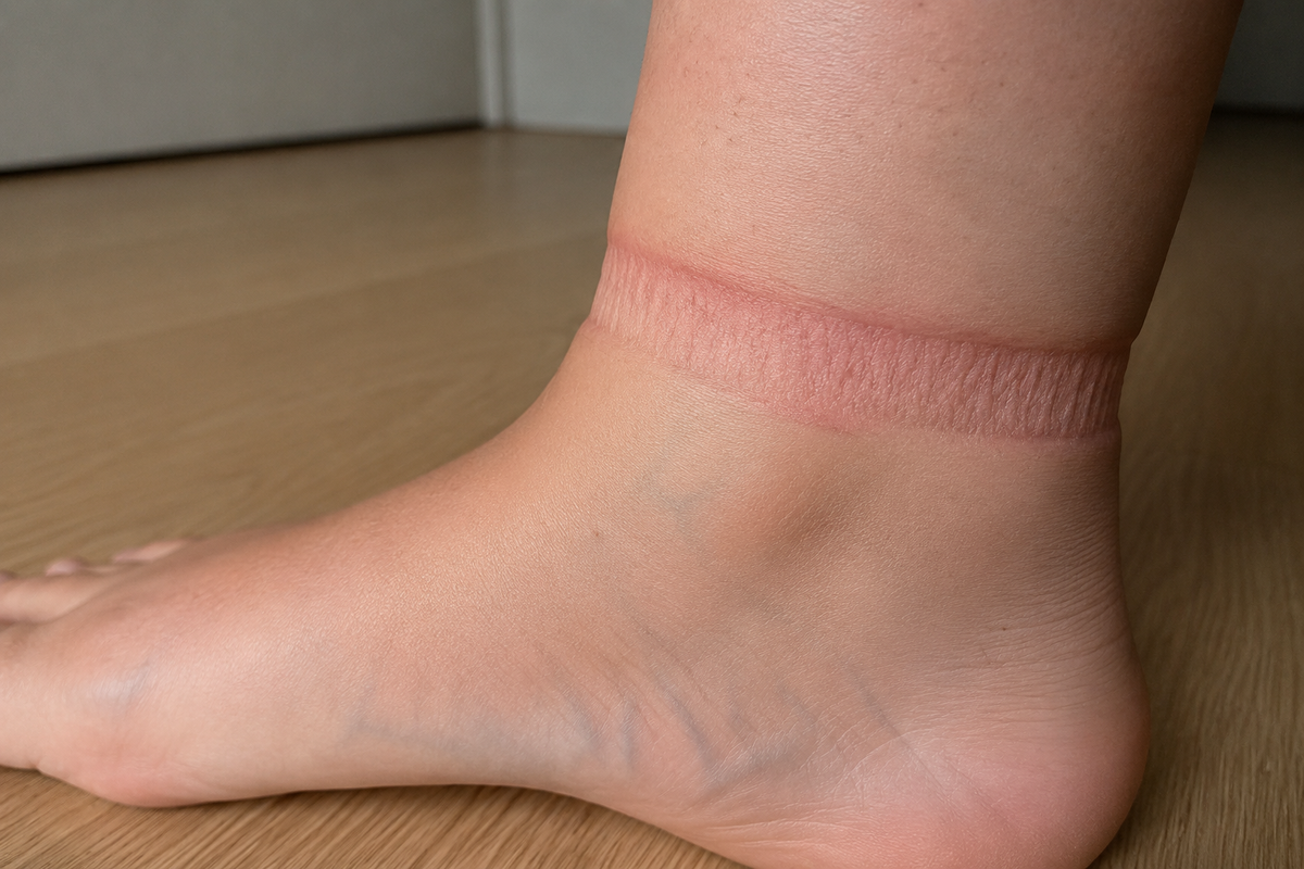 Close-up of an ordinary sock cuff leaving a tight red ring pressed into the skin above the ankle