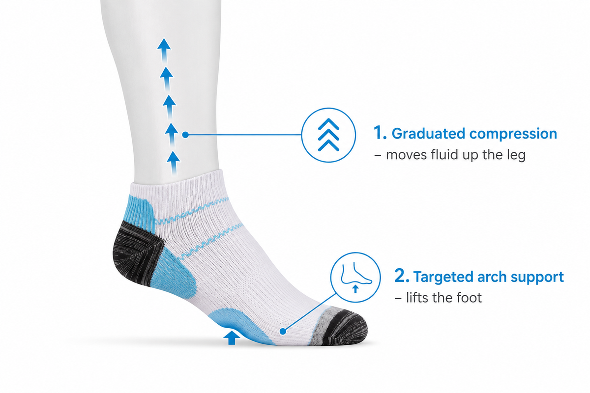 Clean podiatry diagram showing arch support and graduated compression on the lower leg