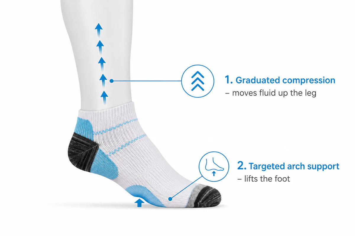 Clean podiatry diagram showing arch support and graduated compression on the lower leg