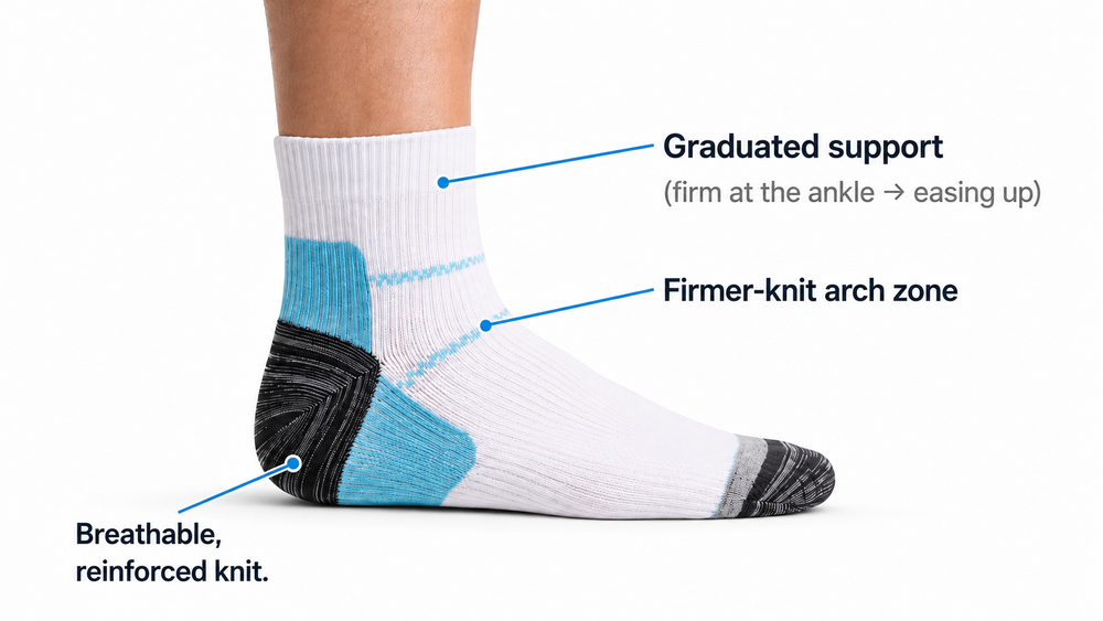 Graduated support (firm at the ankle → easing up) · firmer-knit arch zone · breathable, reinforced knit.