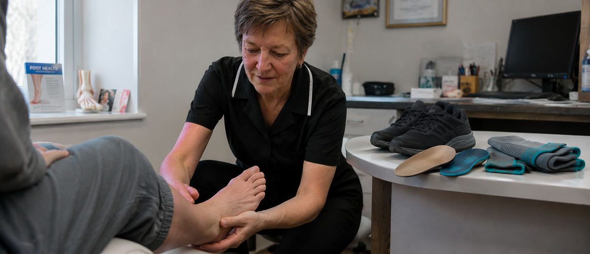 Dr Emma Vos in her clinic examining a patient's foot and arch