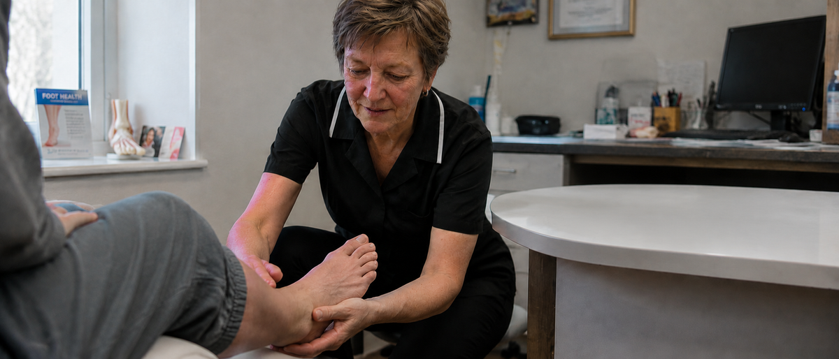 Dr Emma Vos in her clinic examining a patient's foot and arch