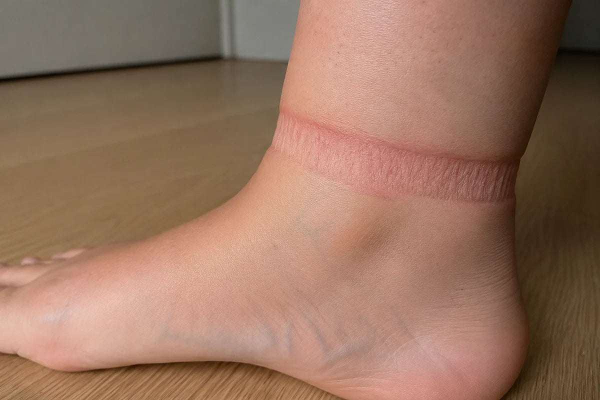 Red ring pressed into the ankle by an ordinary sock