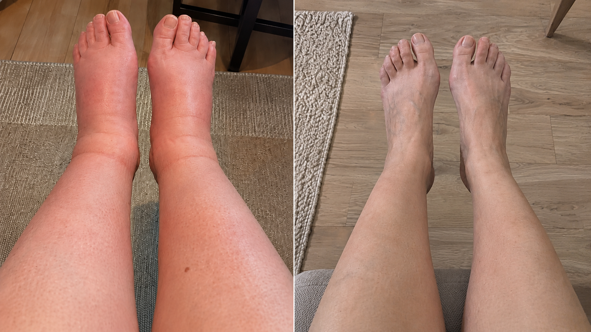 Left: typical end-of-day swelling. Right: same person after two weeks of daily archly wear.